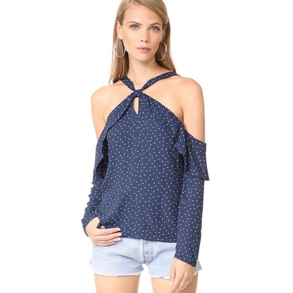NWT WAYF  Nola Navy Polka Dot Cold Shoulder Top Small - Picture 1 of 12